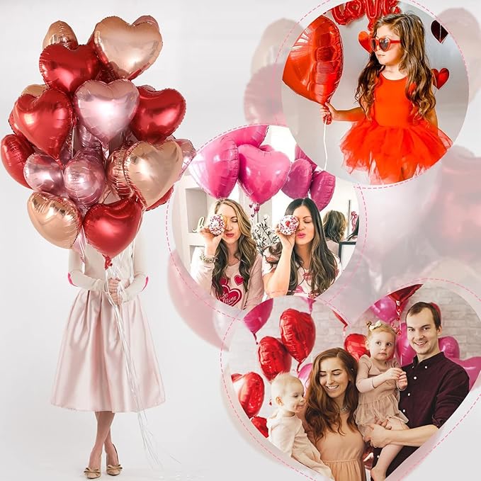 Golray 24pcs Heart Foil Balloons Love Red Pink Gold Rose 18 Inch Mylar Balloon for Valentine Day Decorations Backdrop Balloons Wall Romantic Night Proposal Wedding Anniversary Valentine Party Decor
