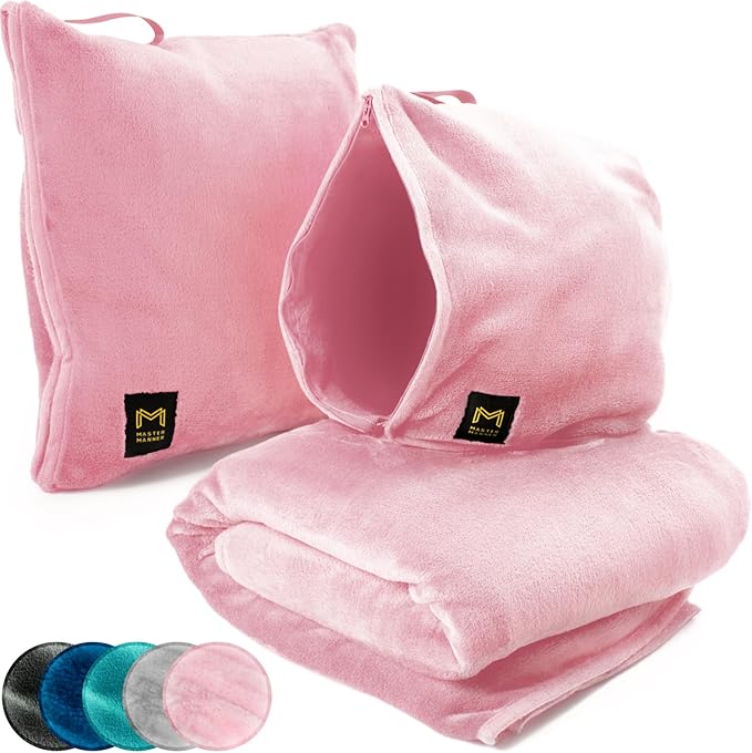 Travel Blanket Airplane Compact with Hoodie – 2in1 Airplane Travel Accessories from Plane Blanket to Travel Pillow with Luggage Strap, Soft Handle & Secure Pocket (Light Pink, 62x41'')