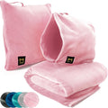 Travel Blanket Airplane Compact with Hoodie – 2in1 Airplane Travel Accessories from Plane Blanket to Travel Pillow with Luggage Strap, Soft Handle & Secure Pocket (Light Pink, 62x41'')