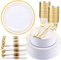 350Piece Gold Dinnerware Set for 50 Guests - Gold Plastic Plates with Disposable Cutlery Include:50Dinner Plates-50Dessert Plates-50Pre Rolled Napkins with Silverware for Wedding