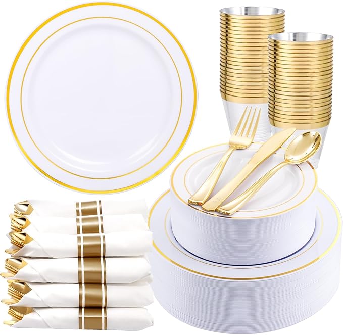 350Piece Gold Dinnerware Set for 50 Guests - Gold Plastic Plates with Disposable Cutlery Include:50Dinner Plates-50Dessert Plates-50Pre Rolled Napkins with Silverware for Wedding