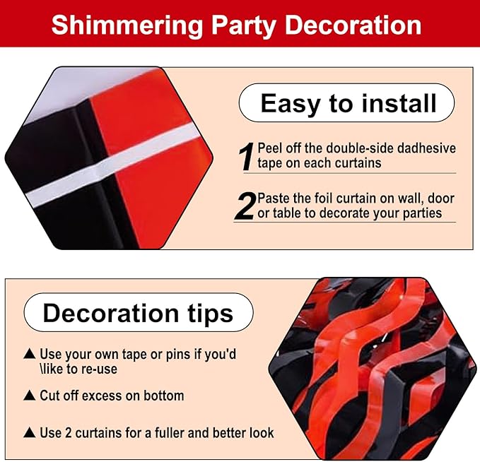 4 Pack Black Red Wave Foil Fringe Curtain Backdrop, 3.28Ft x 8.2Ft Metallic Tinsel Foil Fringe Streamer Curtains for Photo Booth, Mother's Day, Easter, Birthday, Wedding Party Decoration