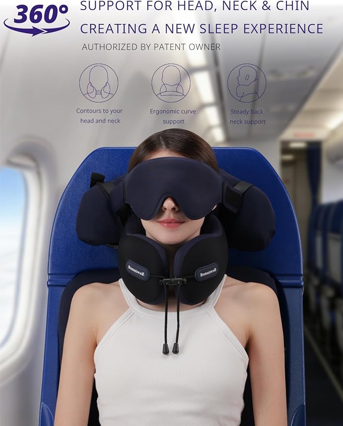 Travel Pillow, Neck Pillow Airplane with 3D Eye Mask & Seat Strap for Long Flight Sleep Road Trip, Dual-Density Supportive Foam, 360°Support Head, Neck & Chin Travel Essentials Black & Grey