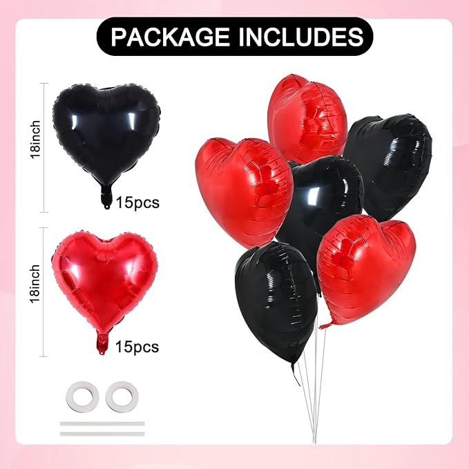 TONIFUL 30Pcs 18 Inch Red Black Heart Balloons Valentine’s Day Heart Shape Foil Mylar Balloons Decoration for Romantic Valentine's Day Wedding Bridal Shower Anniversary Engagement Party Supplies