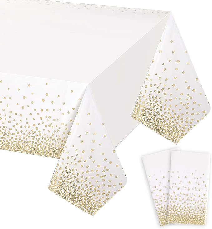 Gexolenu 2 Pack White and Gold Disposable Plastic Tablecloth for Rectangle Tables(54" x 108"), Disposable Waterproof Table Cover for Birthday, Graduation, Gold Table Cloths Party Supplies