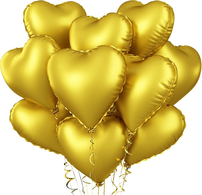 Foil Heart Balloons Gold - 10PCS Heart Shaped, 18inch Metallic Love Foil Balloons for Helium, Golden Wedding, Valentine's Day, Birthday Party, Anniversary