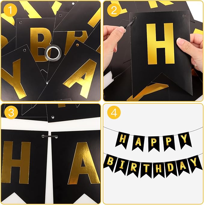 Hooqict Happy Birthday Banner Black and Gold Birthday Decorations for Kids Men Women Black Party Banner Decorations Supplies Wall Door Garland Sign Bunting Flag