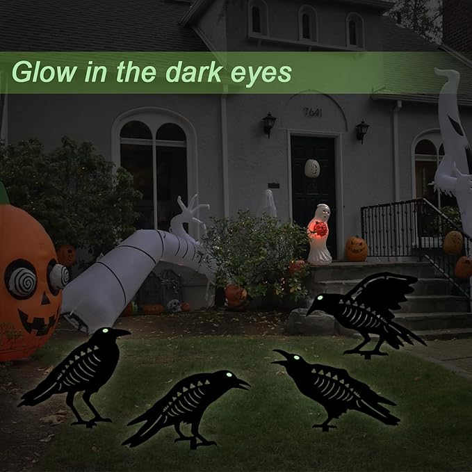 Halloween Black Crow Garden Stake Decor 4 Pack Scary Raven Silhouette Metal Yard Signs with Glow-in-The-Dark Eyes for Outdoor Halloween Decorations (Crow Black)