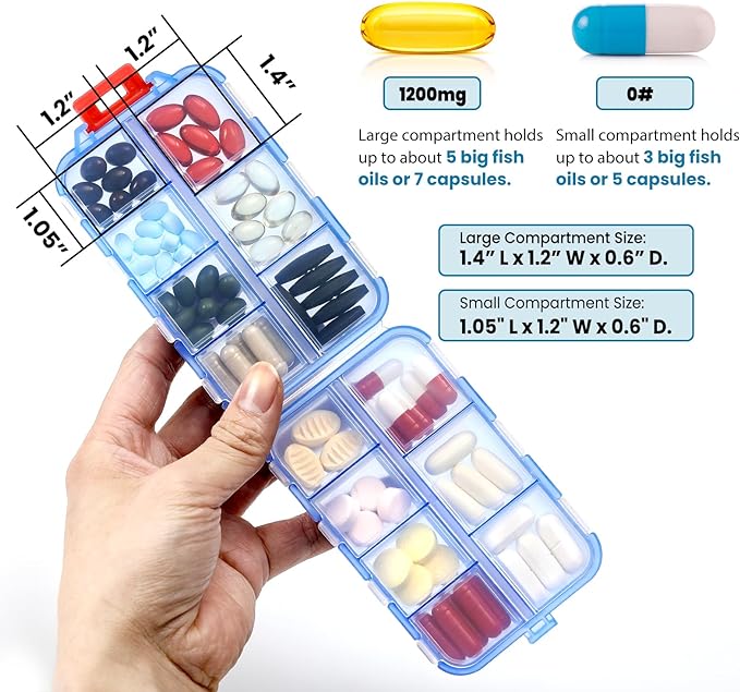 3 Pack 14 GRIDS Travel Pill Organizer Box with Labels - Travel Medicine Case Kit - Pocket Daily Pharmacy Container - Travel Medication Holder Dispenser for Fish Oil Vitamin Supplement Storage - Clear