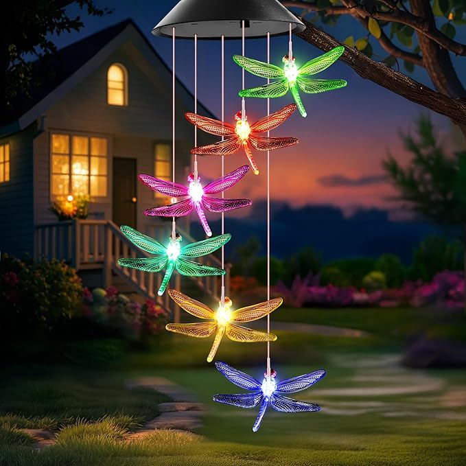 Birthday Gifts for Mom Grandma Wife, Winzwon Solar Lights Outdoor Wind Chimes for Outside Garden Yard Patio Porch Deck Hanging Decor Dragonfly Gifts for Women Her Easter Mothers Day