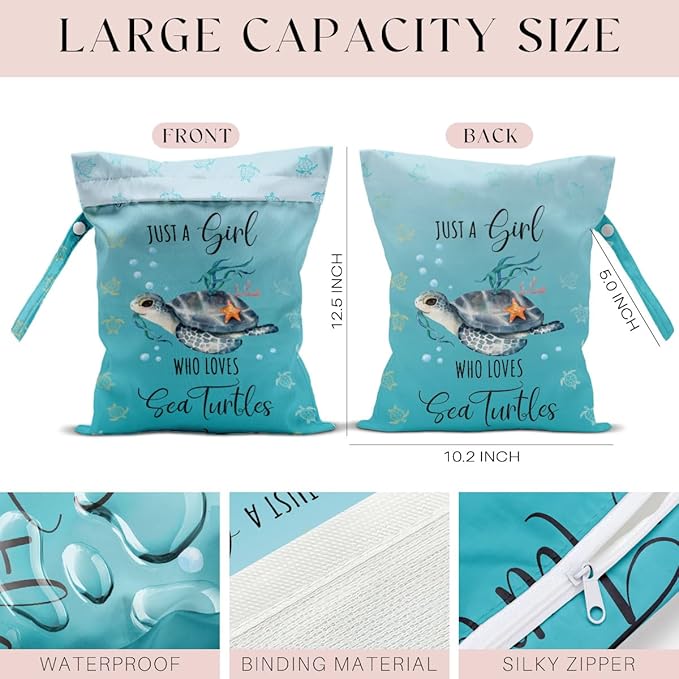 Waterproof Wet Bag for Swimsuit, Travel Beach Wet Dry Bag, Hidden Zipper Reusable Baby turtle Wet Bags, for Travel Beach Wet Swimsuits Toiletries Diapers Dirty Gym Clothes Laundry Bag