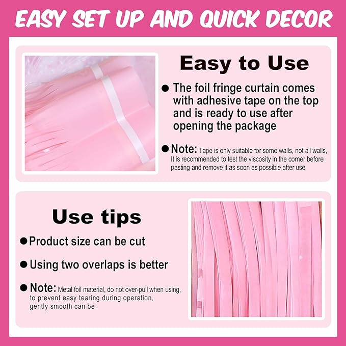 6 Pack Macaron Pink Foil Fringe Curtains Backdrop, 3.28 x 8.2 Ft Metallic Streamers Tinsel Curtains Background for Photo Booth, Birthday, Christmas, Halloween, Thanksgiving, New Year Party Decorations