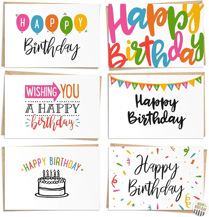 Seymour Butz Happy Birthday Cards Bulk with Envelopes - 120 Happy Birthday Card Pack with 6 Designs, Craft Paper Envelopes and Labels | Assorted Birthday Cards Box Set