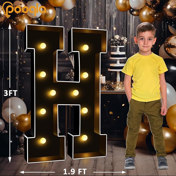 Pooqla 3FT Marquee Light Up Letters, Black LED Party Decor Large Marquee Letters 3 Feet Tall, Giant Mosaic Letter for Birthday Graduation Anniversary Wedding Decoration, Letter H