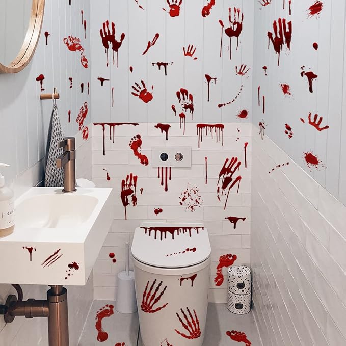 Spooky Party Decorations Set Banner + Night Glow Eye Stickers + Blood Footprint Handprint Floor Clings Decals + Ghost Shadow Toilet Sticker for Halloween Zombie Vampire Party
