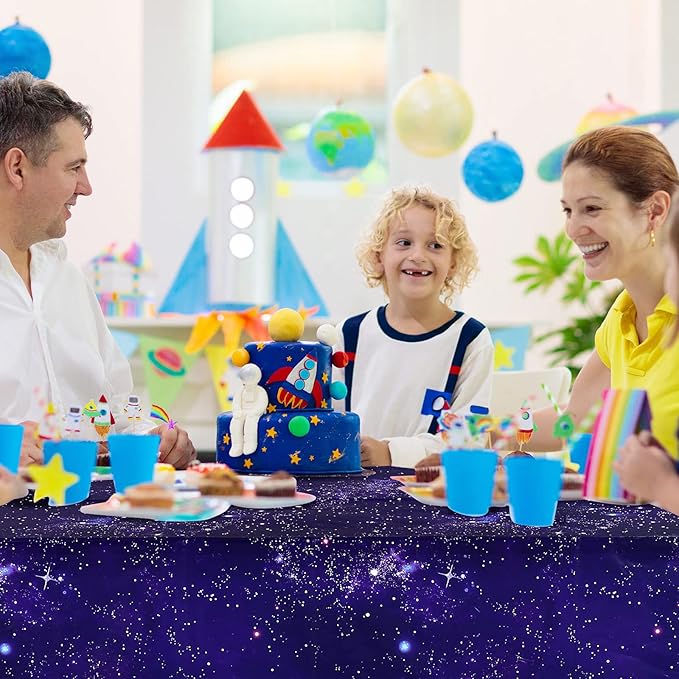 Tatuo 6 Pack Galaxy Plastic Table Cover Space Tablecloth Space Star Purple Nebula Rectangle Tablecloth Disposable Starry Night Sky Tablecover for Birthday Home Party Decorations, 54 x 108 Inch