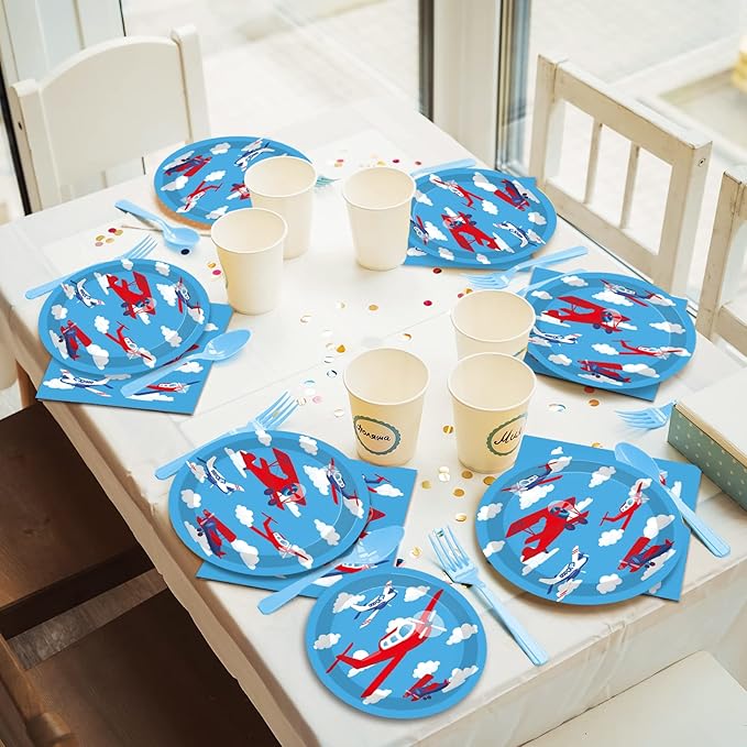 96 Pcs Airplane Party Plates Napkins Tableware Set Plane Birthday Party Supplies Disposable Paper Cake Dinnerware Blue Sky Two Fly Theme Table Decoration for Baby Shower Kids Birthday, 24 Guests