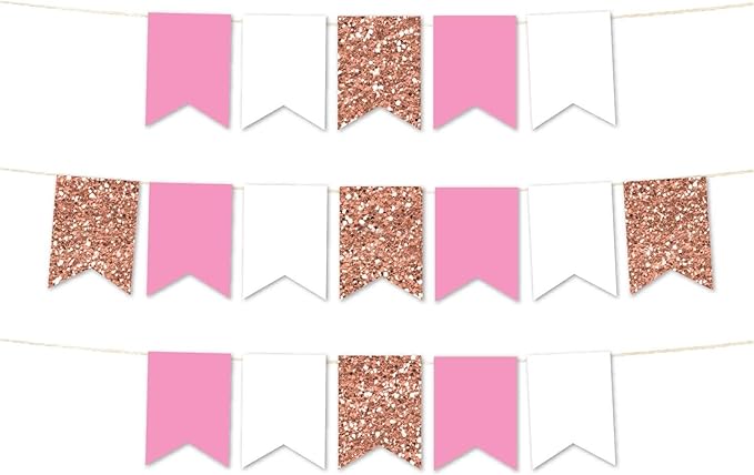 Andaz Press Hanging Pennant Banner with String, Faux Rose Gold Glitter, White, Pink, 1-Set, 24 Pennants, Approx. 12-Feet Long, Girl's 1st Birthday Baptism Communion Theme Colored Supplies