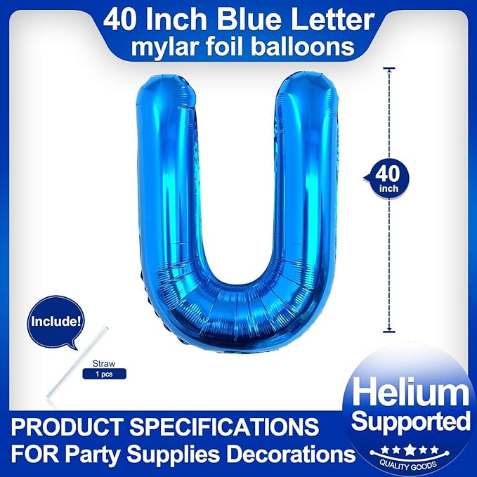 40 Inch Blue Letter U Balloons, DIY Phrase Foil Alphabet Letter U Balloons DIY Word U Banner for Birthday Anniversary Celebration Graduation Party Supplies Decoration