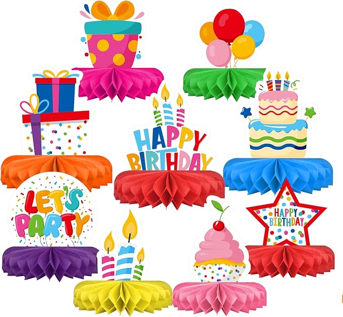 Happy Birthday Decorations Set - Colorful Themed Honeycomb Centerpiece, Table Decoration for Kids' Birthday Party Supplies