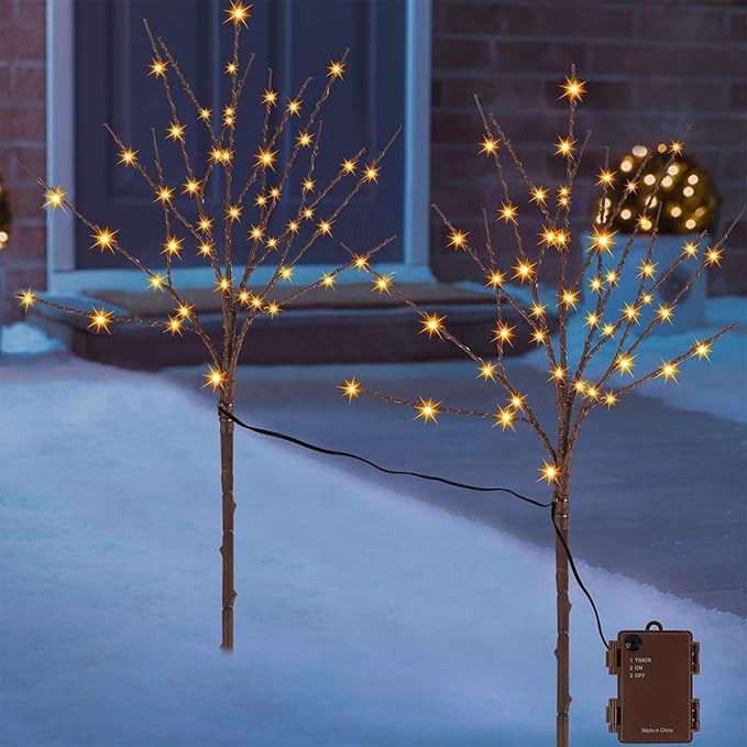 Lighted Christmas Tree Branches, 30IN 100LED Artificial Brown Twig Branch with Warm White Lights, Timer & Battery Operated, Waterproof for Indoor Outdoor Holiday Xmas Office Bedroom Party Decorations