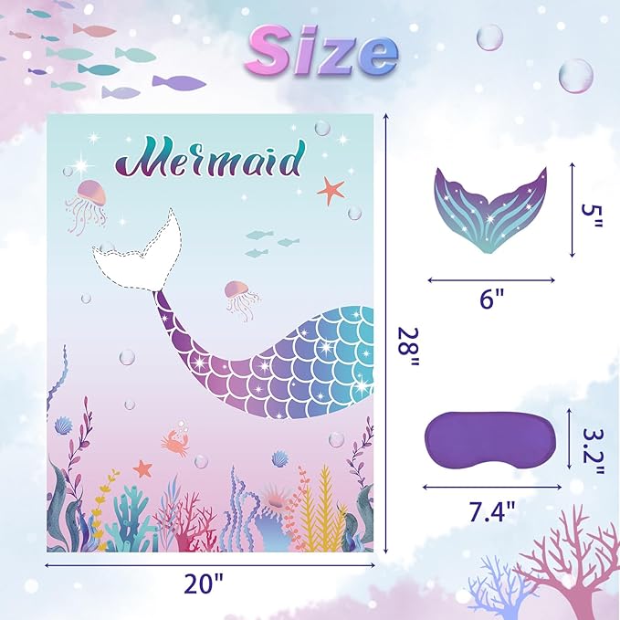 Pin The Tail on The Mermaid Party Game with 24 PCS Tails for Kids Girls Birthday 21'' x 28'' (Mermaid)