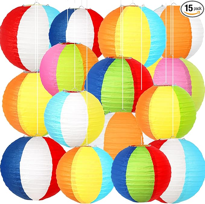 ADLKGG 15Pcs Pool Party Decorations Beach Ball Paper Lanterns, Summer Hawaiian Luau Themed Birthday Supplies, Reusable Decor for Outdoor Events, Indoor Classroom Home