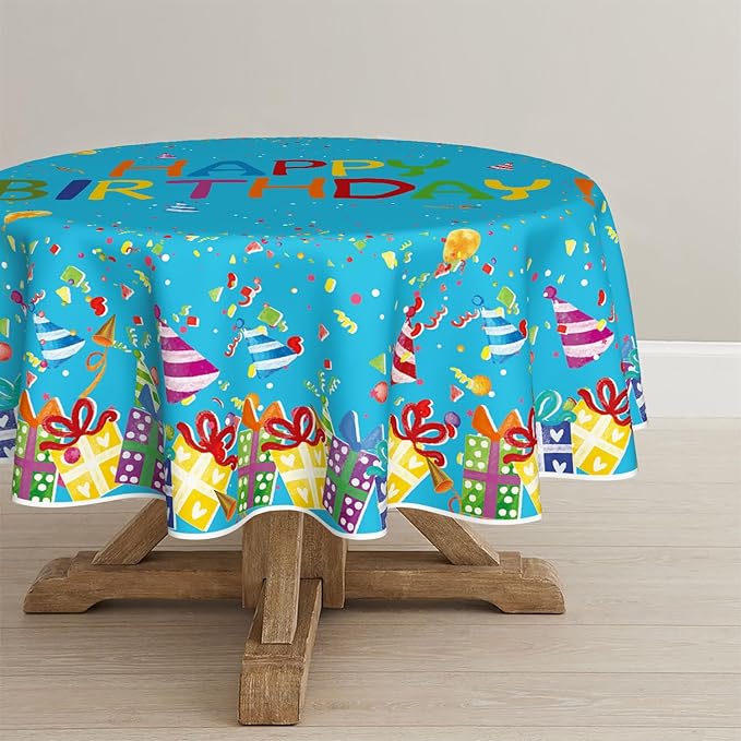 Horaldaily Birthday Tablecloth 60x60 Inch Round, Happy Birthday Ballon Blue Washable Seasonal Table Cover for Party Picnic Dinner Decor