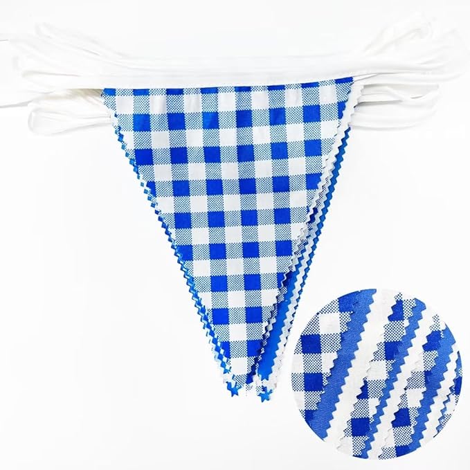 32Ft Deep Blue Party Decorations Blue Buffalo Plaid Checkered White Triangle Flag Gingham Pennant Bunting Fabric Garland for Picnic Racing Car BBQ Birthday Wedding Outdoor Garden Oktoberfest Decor