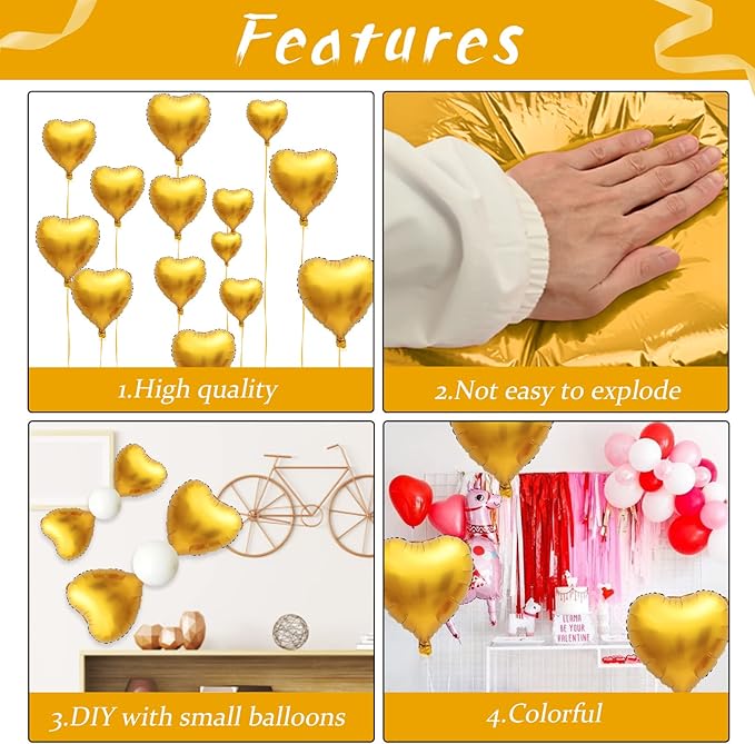 Foil Heart Balloons Gold - 10PCS Heart Shaped, 18inch Metallic Love Foil Balloons for Helium, Golden Wedding, Valentine's Day, Birthday Party, Anniversary