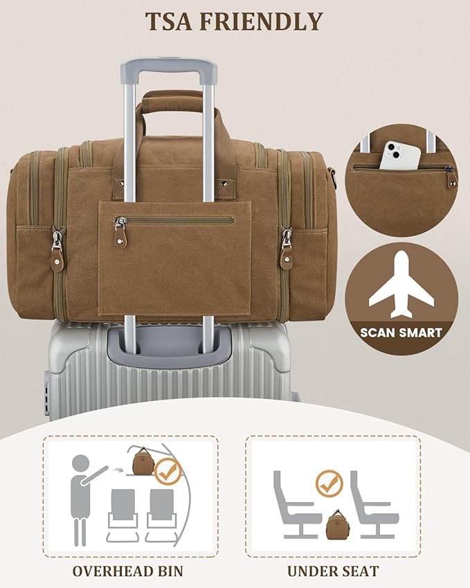 Gonex Canvas Duffle Bag for Travel, Expandable Water Resistant 50L Carry on Duffel Overnight Weekender Gym Bag with Wet Dry Separation Pocket & Suitcase Handle Sleeve,Coffee