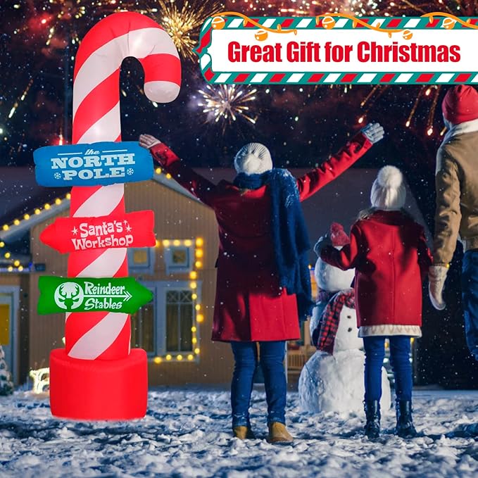 8ft Outdoor Candy Cane Stacking Sign Inflatables with LED Lights - Blow Up Yard, Garden, Lawn Decorations for Christmas Parties