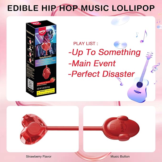 Amos Music Lollipop Candy, Audio Singing Lollipop, Unique Gift for Friends, Individually Wrapped Natural Strawberry Flavor - Pack of 1