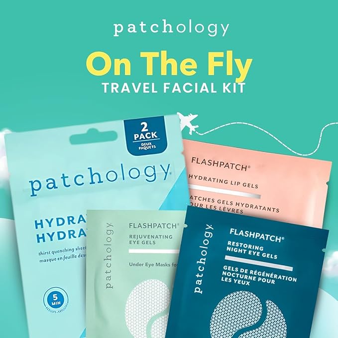 Patchology On The Fly Travel Facial Kit – Travel-Friendly Hydrating Skincare Essentials for Face, Eyes and Lips – Includes 2 Pair Under Eye Patches, 2 Hydrate Sheet Mask for Refreshed Skin,1 Lip Mask