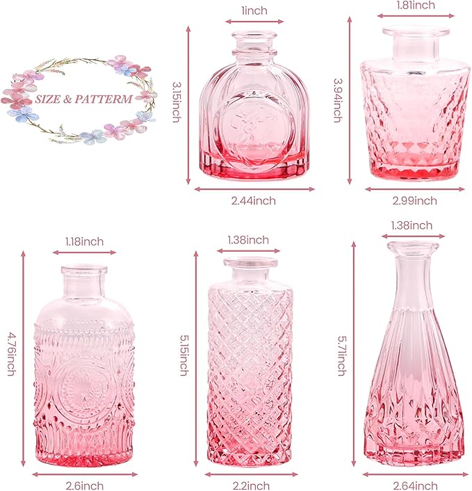 Pink Glass Bud Vases Set of 5, Mini Flower Vase for Centerpieces, Small Clear Vases in Bulk for Wedding Decorations, Vintage Vase for Table, Home Décor