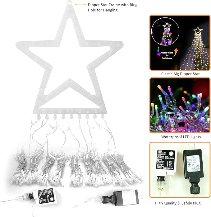 PUHONG Color Changing Christmas Lights, 4 in1 Outdoor Star String Lights, 320 LED Christmas Decoration Lights [11 Modes & Waterproof & Remote] for Halloween Xmas New Year Holiday (Warm+Multicolor)