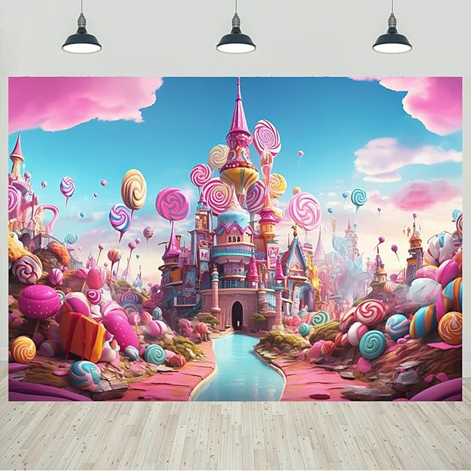 6x4ft Candyland Backdrop Fantasy Pink Castle Sweet Candy Photography Background Girls Birthday Candyland Theme Party Decorations Banner Photo Studio Props