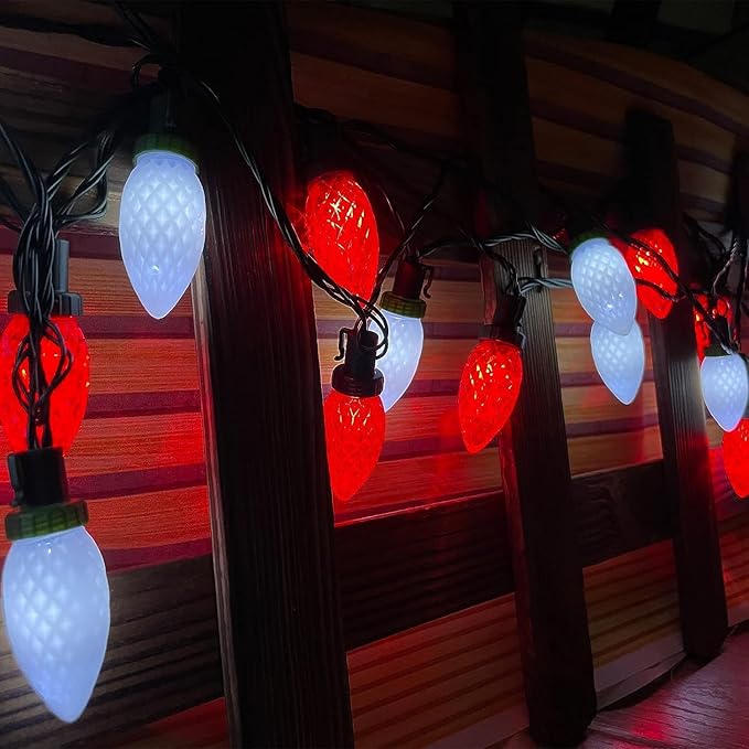 KAQ 2PK 100LED Red & Cool White C9 Christmas Lights Waterproof Indoor Outdoor, Extendable 98FT String Lights Plug in with 13 Lighting Modes, Christmas Decorations for Party Patio, Outside Yard Decor