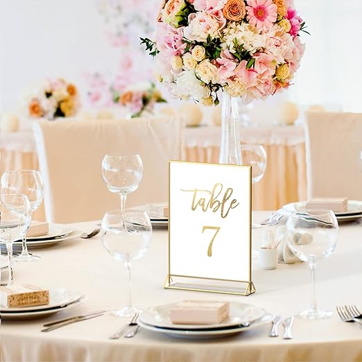 NIUBEE 6Pack 5 x 7 Clear Acrylic Wedding Table Number Holder Stands with Gold Borders, Double Sided Picture Frames Sign for Restaurant Menu Recipe Cards Photo Display