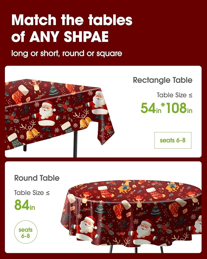 Pureegg Plastic Table Cloth Disposable 8 Pack, 54 x 108 Inch Rectangle Tablecloths, Sturdy Leakproof Plastic Covers for Party, Picnic, Wedding, Winter & Xmas Decoration, Christmas Red