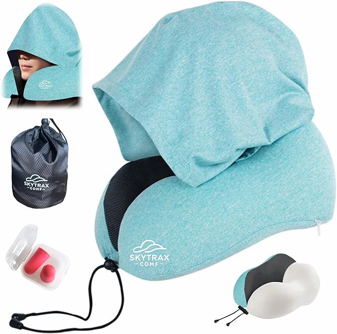 Travel Pillow with Extra Large Hood for Airplane Long Flights Privacy and Comfort Memory Foam with Skin-Friendly Cover for Road Trip Head&Neck Support for Plane Office Cars Sleeping & Rest (Mint Blue)