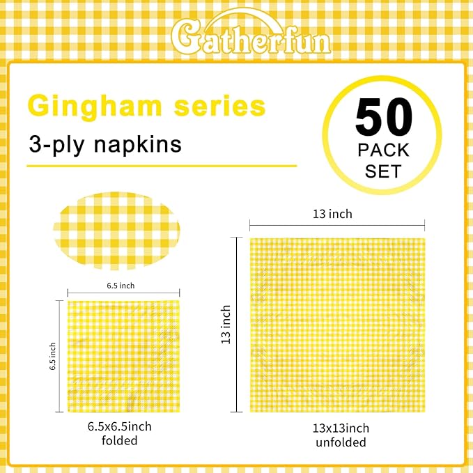 Gatherfun Party Supplies, Disposable Paper Napkins Yellow and White Gingham Napkins for Easter Party（3-ply, 6.5X6.5 in, 50-Pack)