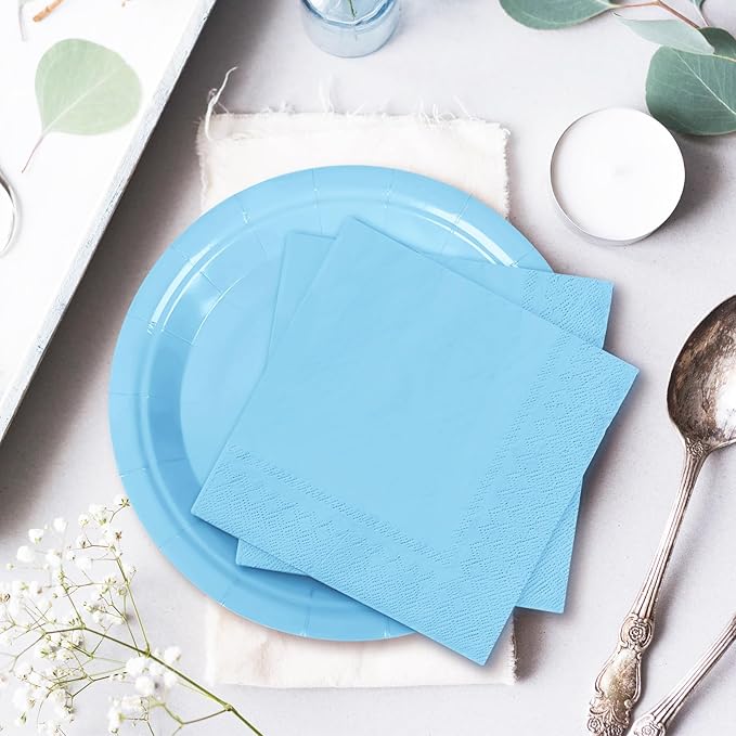 Whaline 100Pcs Light Blue Tableware Set Blue Graudation Party Supplies Summer Disposable Dinnerware Set 50Pcs Paper Plates 25Pcs Napkin 25Pcs Cups for Wedding Birthday Bride Shower Party Table Decor