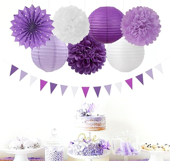 Lavender-Purple White Graduation Party Decorations - 20pcs Paper Lanterns Fans,Tissue Pom Poms,Honeycomb Balls,Birthday Wedding Bridal Baby Shower Engagement Bachelorette Decor Burgleda