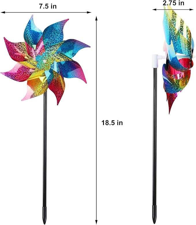 Hausse 10 Pack Reflective Pinwheels Wind Spinner, Extra Sparkly Rainbow Pinwheel with Stakes, Bird Repellent Blinder Devices Deterrent to Scare Birds Away from Yard Patio Farm Garden, Colorful