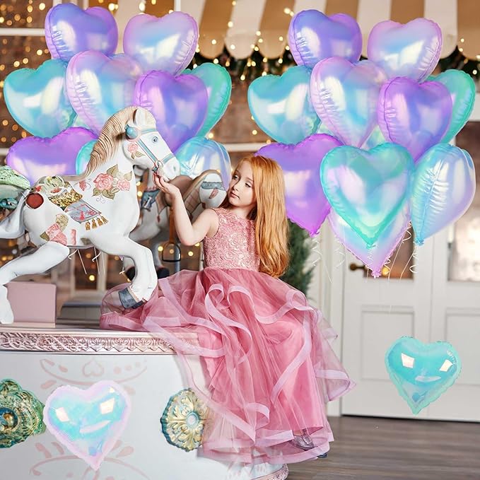 Iridescent Heart Balloons, 12Pcs 18Inch Transparent Crystal Heart Foil Balloon, Gradient Iridescent Pink Purple Green Balloon for Girls Women Princess Mermaid Birthdays Wedding Easter Party Decoration
