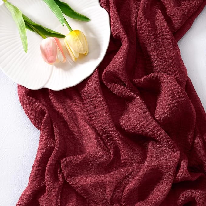 Socomi Burgundy Gauze Cheesecloth Table Runner 120 Inch Rustic Boho Cheese Cloth Runner for Wedding Party Baby Bridal Shower Centerpiece Decoration Holiday Home Decorations