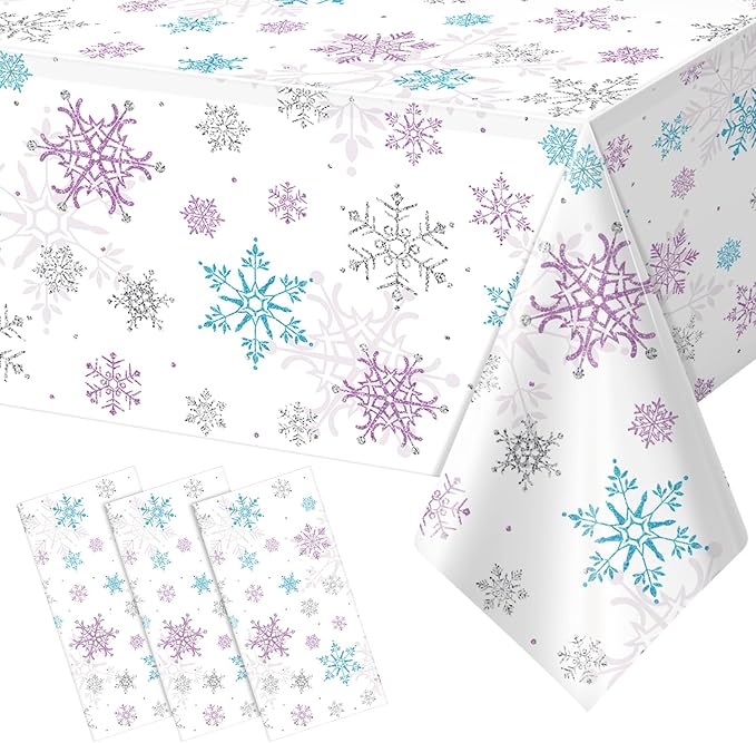 3 Pieces Christmas Snowflake Party Tablecloth Decorations,Plastic Purple and Blue Winter Wonderland Table Cover for Winter Christmas Birthday Holiday Party Decorations and Supplies,54x108 inch