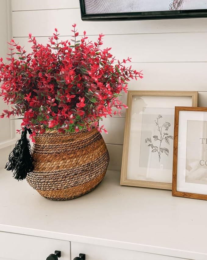 RECUTMS Ferns Artificial Plants Artificial Plants & Greenery Artificial Boxwood Plants Outdoor Uv Resistant Greenery for Outsid Artificial Ferns for Outdoors Eucalyptus Stems for Vase(Red Eucalyptus)