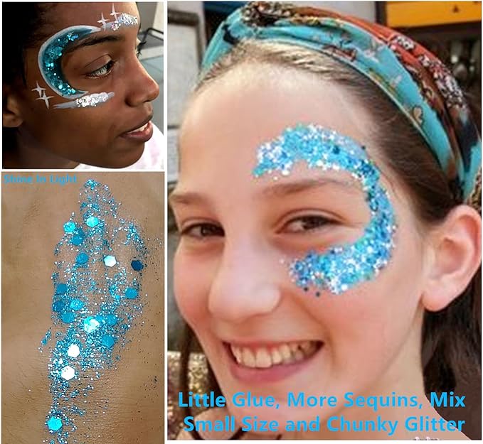 Go Ho Light Blue Face Body Glitter Gel,Blue Mermaid Face Paint Makeup,Holographic Chunky Sequins Glitters for Eye Lip Hair,Halloween Costumes Festival Rave Accessories,52g